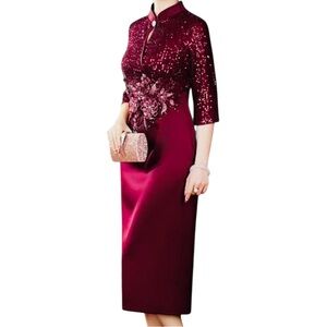 NWOT - Burgundy Sequin Faux Silk Dress - Unknown Brand